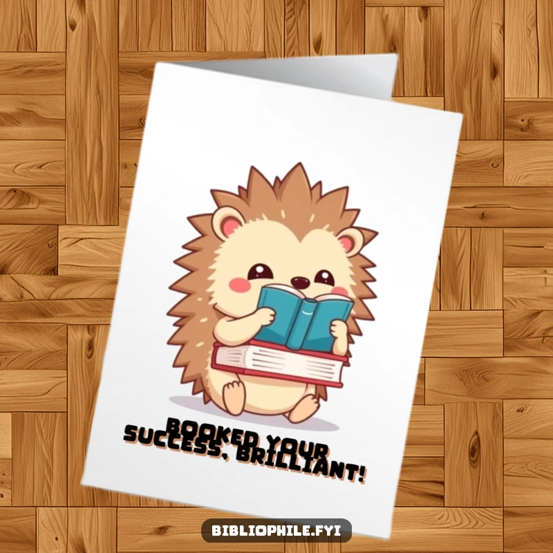 Clever free printable congratulations card with a kawaii hedgehog balancing a book, perfect for celebrating smart achievements.