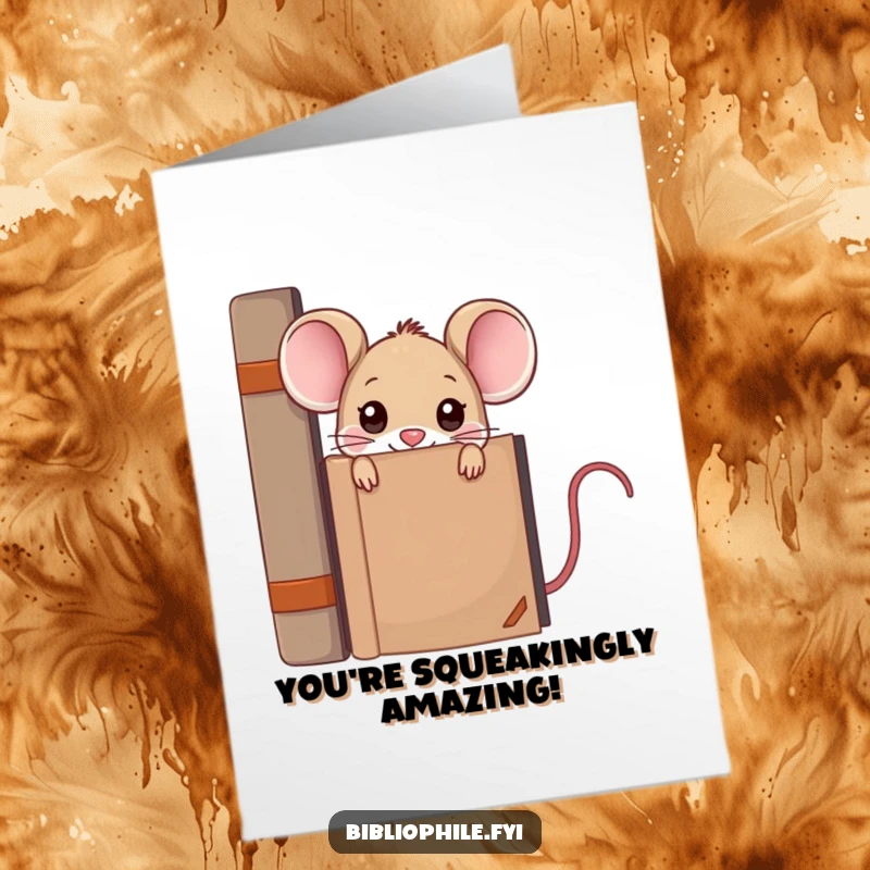 Clever free printable congratulations card with a kawaii mouse peeking from an encyclopedia, celebrating intellectual success.