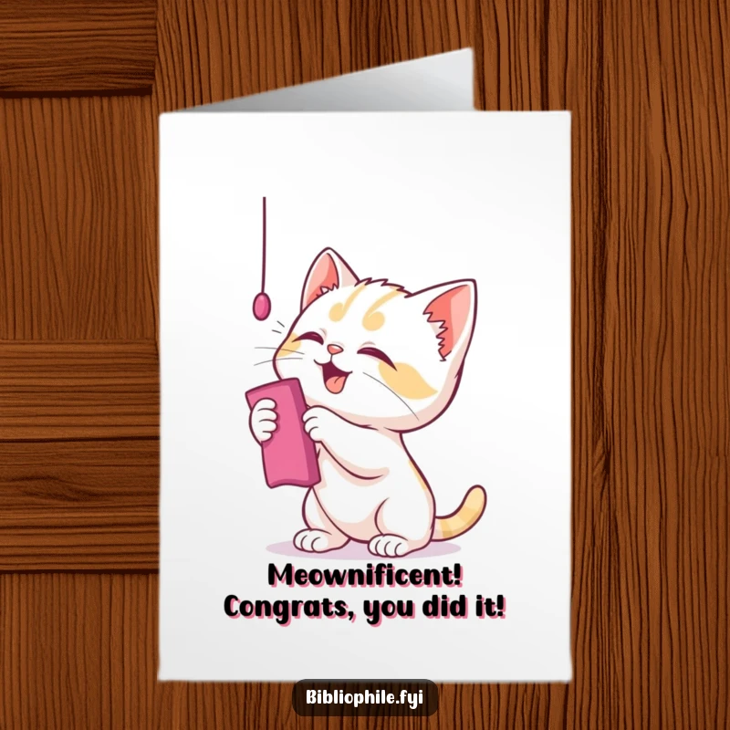 Funny Free Printable Congratulations Card: A cute kitten gleefully batting at a bookmark, celebrating a success.