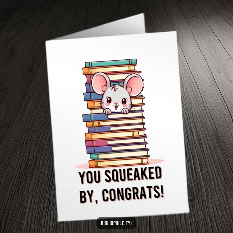 Funny Free Printable Congratulations Card with a cute mouse peeking from behind books, celebrating a major achievement.