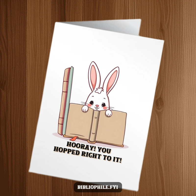 Funny Free Printable Congratulations Card: A mischievous rabbit hiding behind a huge book, celebrating success with a playful, hidden wish.