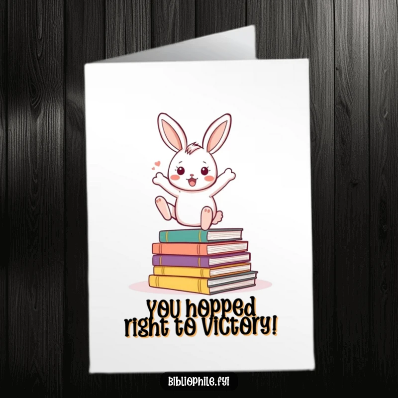 Funny Free Printable Congratulations Card: An energetic rabbit bouncing on storybooks, celebrating success. Downloadable art.