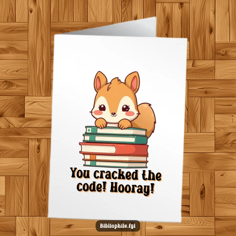 Funny Free Printable Congratulations Card: A cute squirrel peeking out from behind a pile of books, celebrating success.