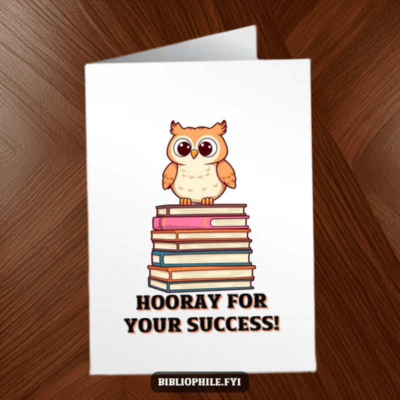 Funny Free Printable Congratulations Card showing a wise owl on books, offering congratulations. Downloadable art for achievements.