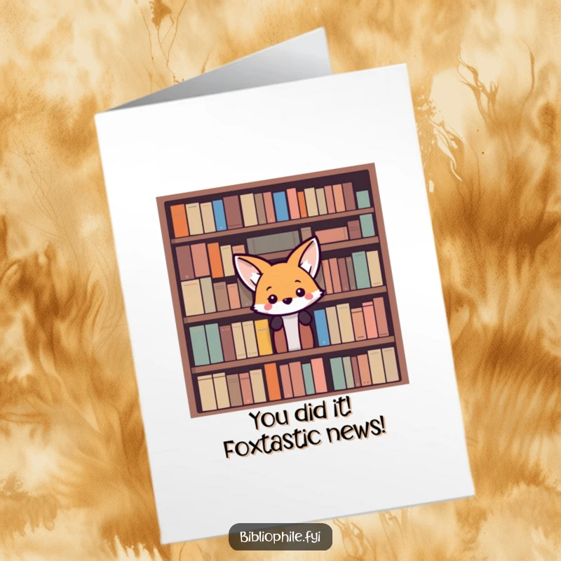 Funny Free Printable Congrats Card: A curious fox peeking from behind a bookshelf, celebrating an achievement.