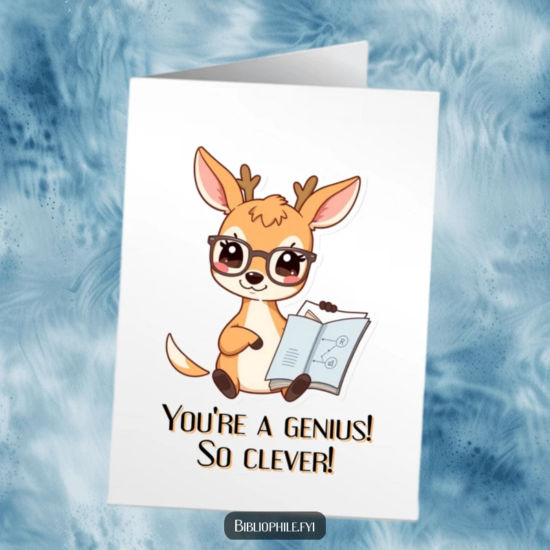 Free Printable Congratulations Card: A deer in spectacles pointing at a diagram, celebrating knowledge.