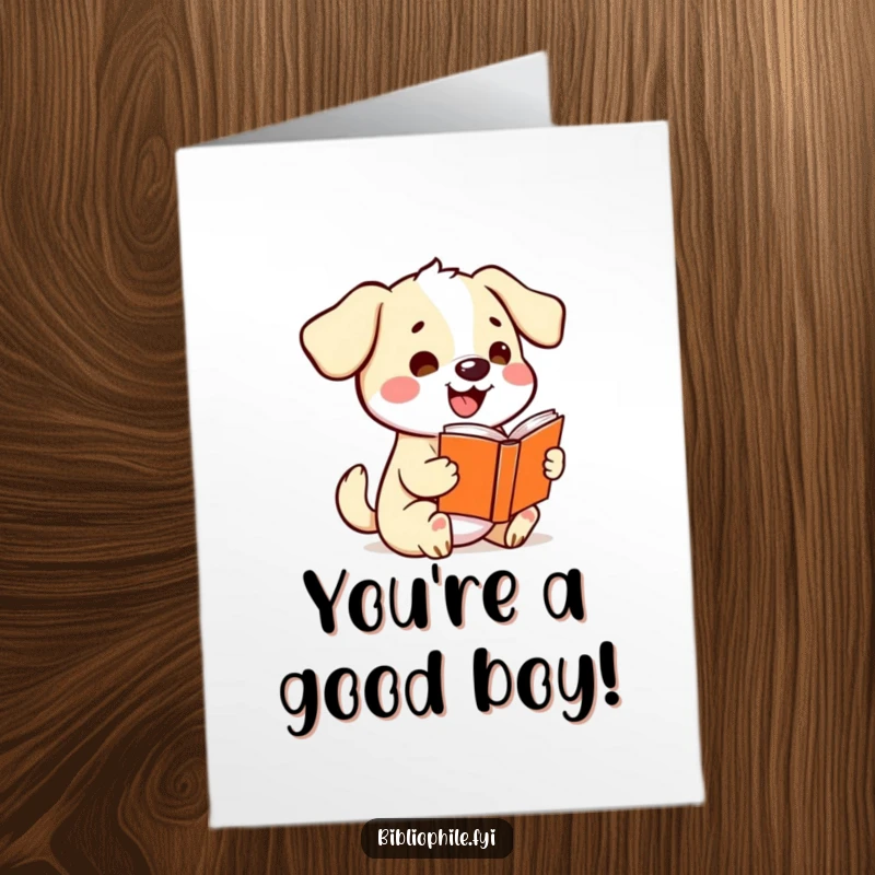 Enthusiastic free printable congratulations card with a kawaii dog wagging its tail and holding a storybook, celebrating triumphs.