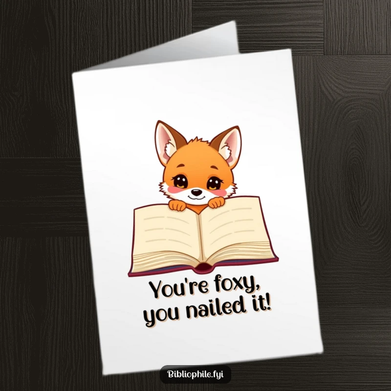 Funny Free Printable Congratulations Card: A curious fox puppy playfully peeks from a large book, ideal for sharing joy.