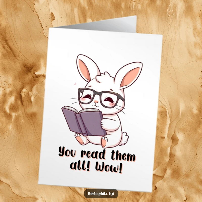 Funny Free Printable Congratulations Card: A cute rabbit wearing reading glasses, lost in a book, celebrating an achievement.