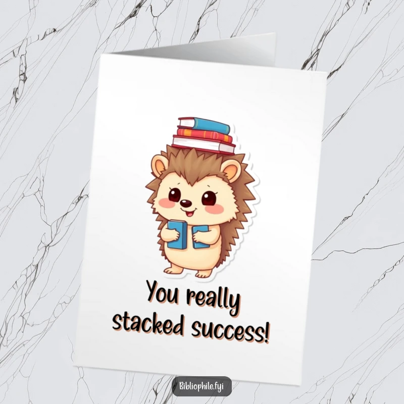 Free Printable Congratulations Card: A playful hedgehog balances books on its head, a witty symbol of accomplishment, downloadable gift.