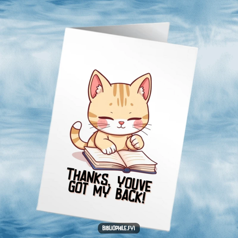 Funny Free Printable Thank You Card featuring a cute cat marking a page with its paw, conveying sincere thanks.