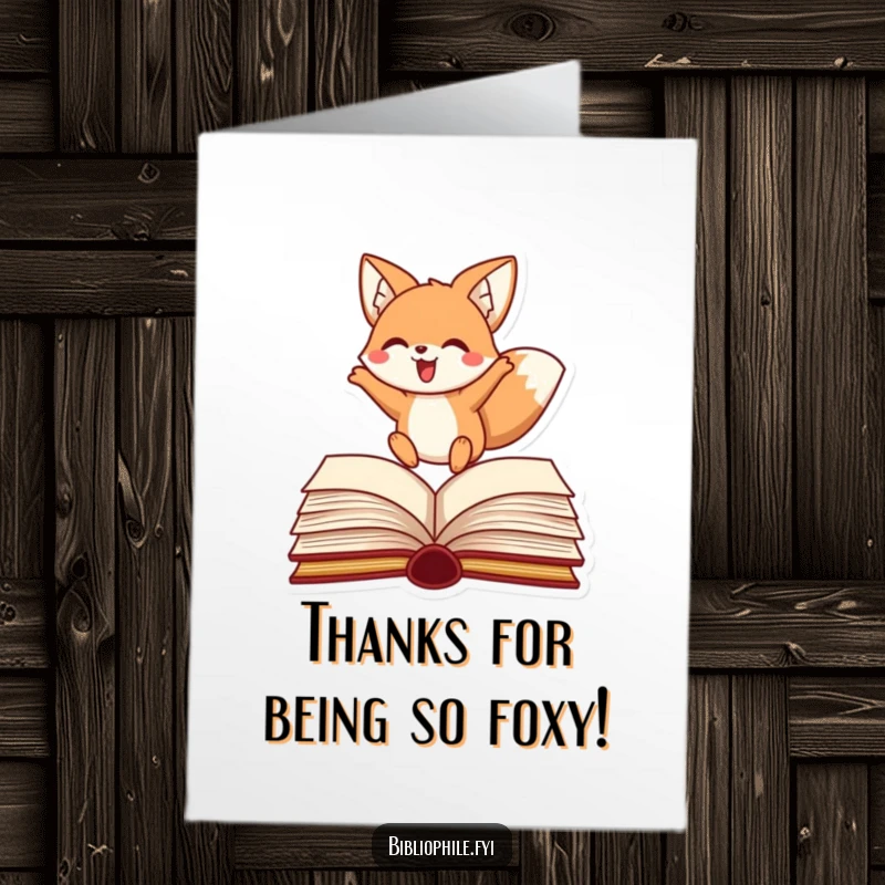 Funny Free Printable Thank You Card: A cheerful fox leaping over a book, expressing thanks with energetic grace.