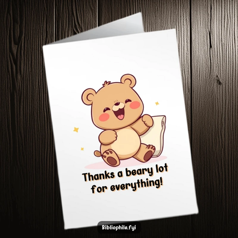 Funny Free Printable Thank You Card: A mischievous rabbit peeking from behind a colossal book, offering thanks with a playful wink.