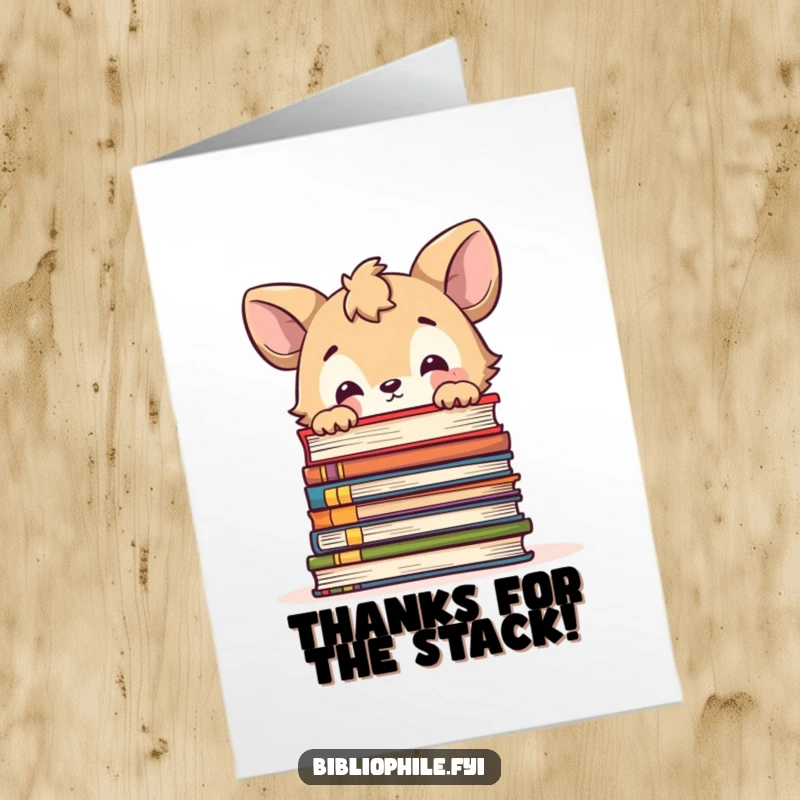 Funny Free Printable Thank You Card: A cute animal peeks inquisitively over a large stack of books, conveying thanks.