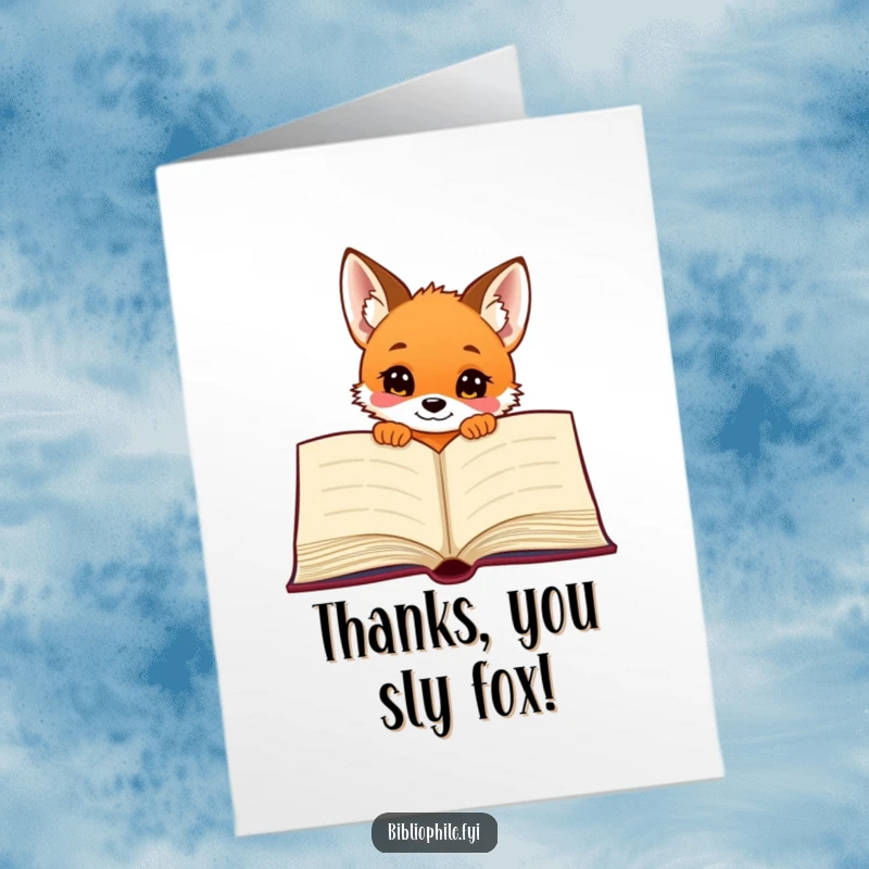 Funny Free Printable Thank You Card: A curious fox puppy peeks from a giant book, sending thanks with adorable charm.