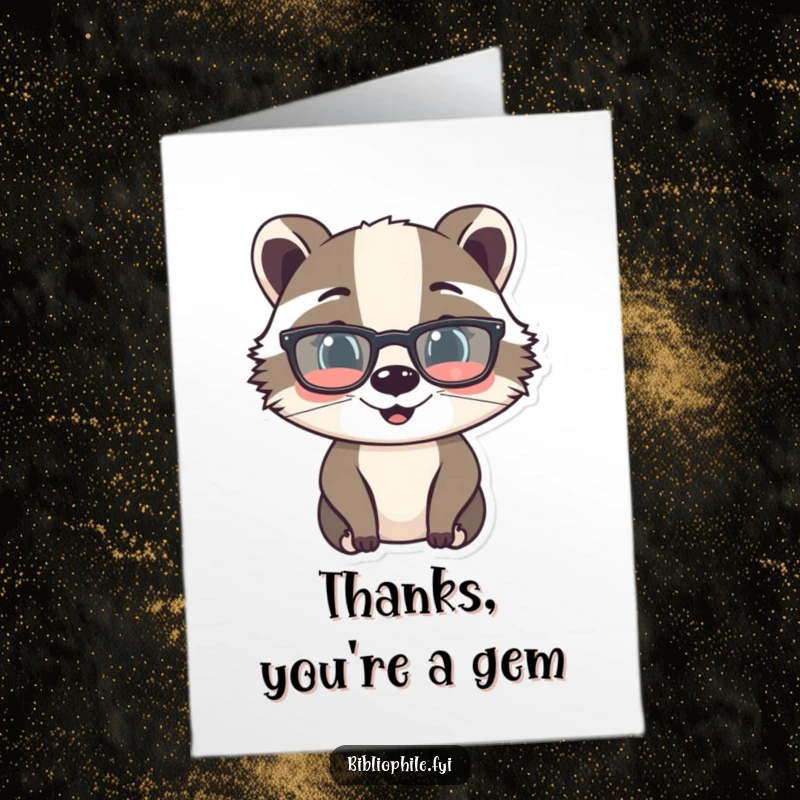 Funny Free Printable Thank You Card: Cheerful badger in glasses, showing gratitude with a book, a warm and humorous thank you.