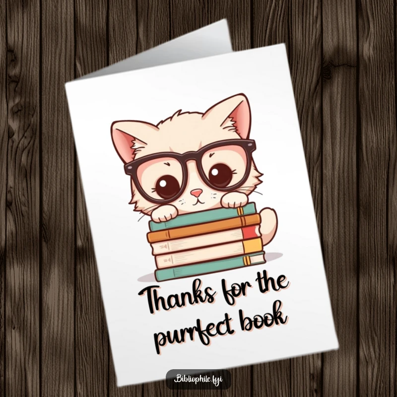 Funny Free Printable Thank You Card: A kawaii kitten with glasses looks thoughtfully at a pile of books, conveying deep thanks.