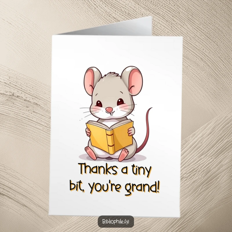 Free Printable Thank You Card: A cute mouse in stitches reading a tiny book upside down.