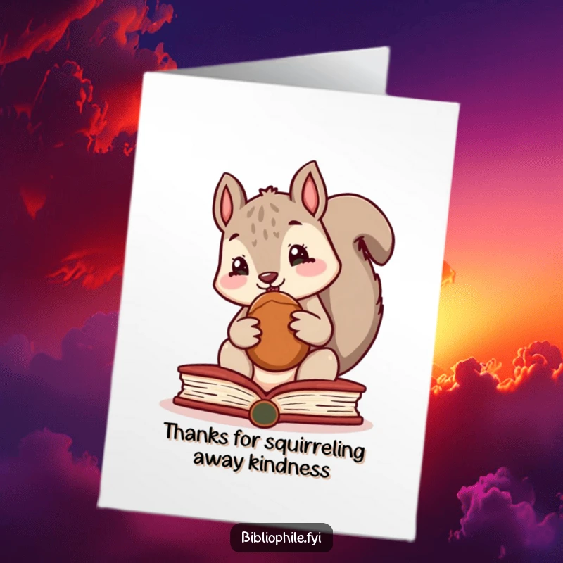 Funny Free Printable Thank You Card: A cute squirrel hides a nut in a book, a humorous way to say thanks, DIY gift.