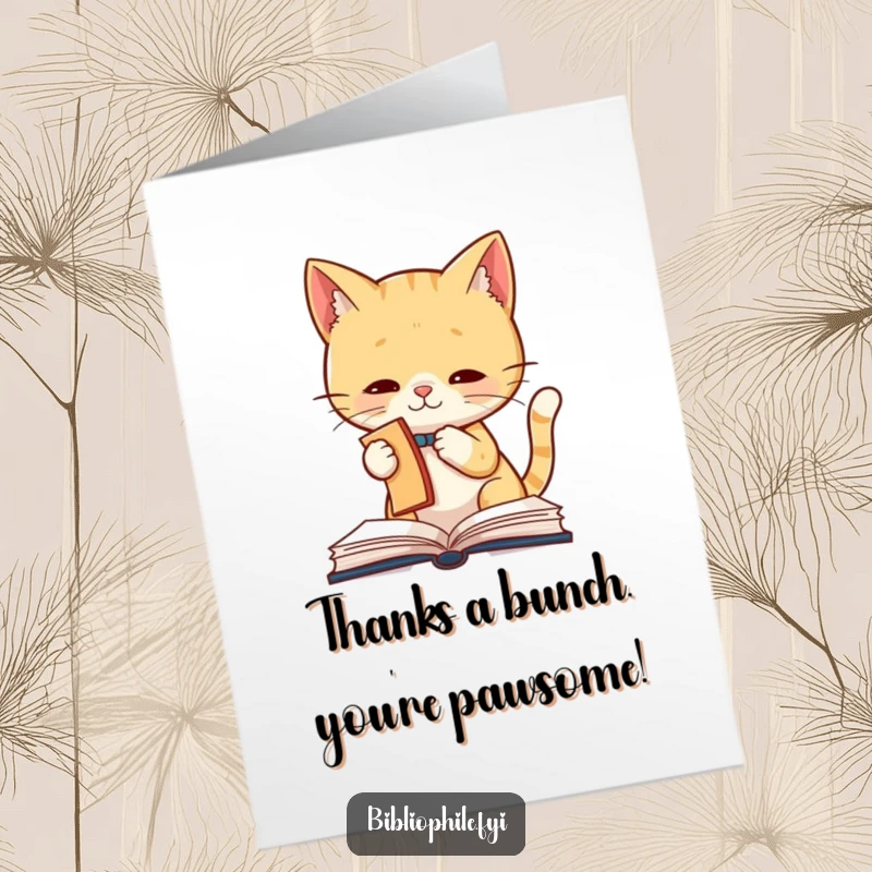 Free Printable Thank You Card: A charming cat batting a bookmark, expressing thanks with playful antics.