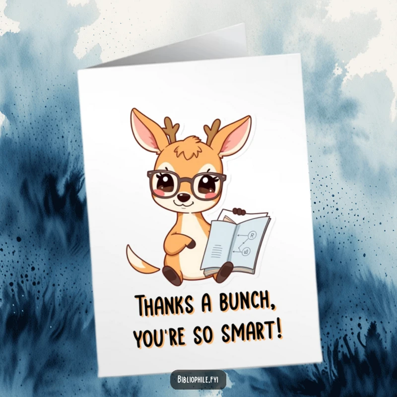 Free Printable Thank You Card: A deer wearing spectacles thoughtfully pointing at a book diagram.