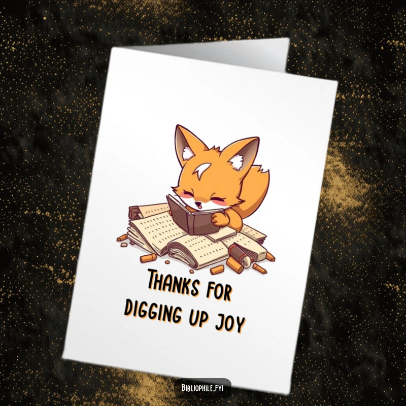 Funny Free Printable Thank You Card: A playful fox enthusiastically digs through a pile of forgotten manuscripts.