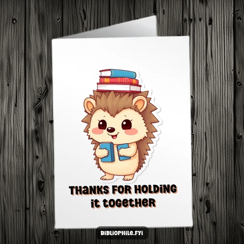 Free Printable Thank You Card: A playful hedgehog balances books on its head, a funny way to express thanks, DIY gift.