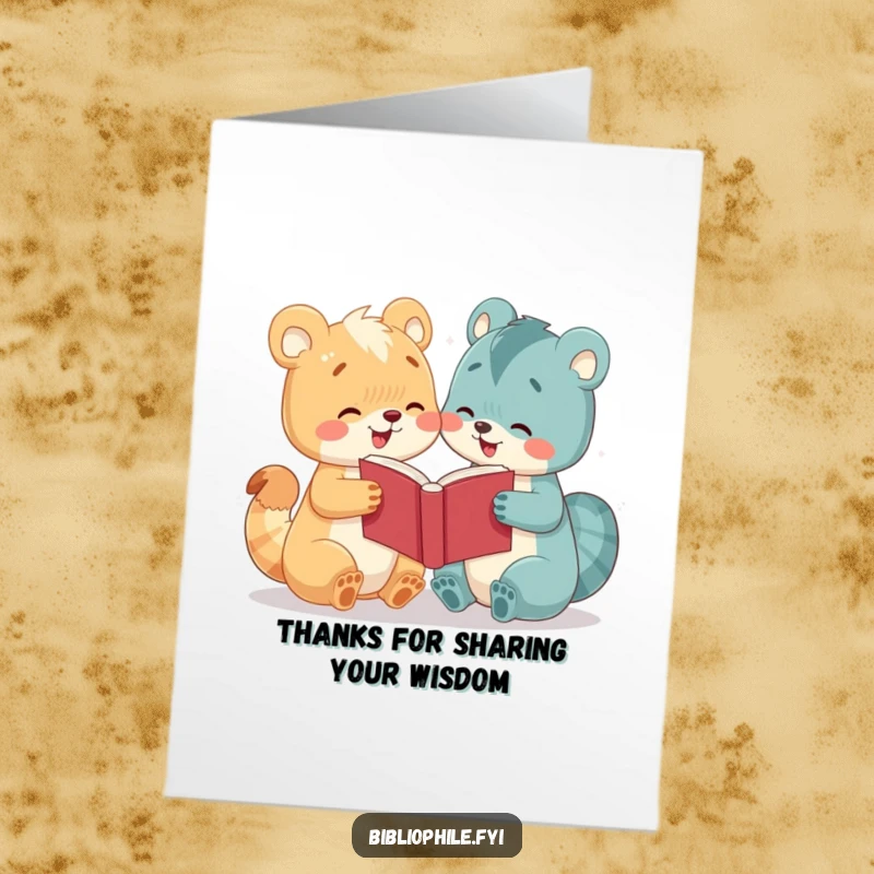 Funny Free Printable Thank You Card: A charming animal offers a book to a friend, symbolizing gratitude and connection.