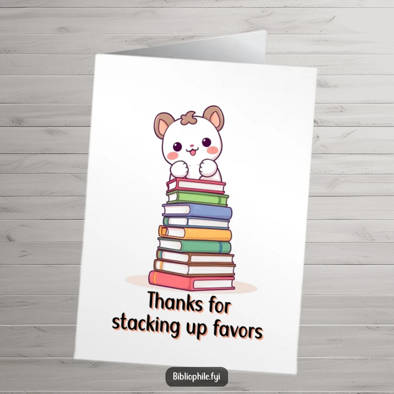 Funny Free Printable Thank You Card: A cute animal happily stacks books to create an impressive tower, a symbol of gratitude.