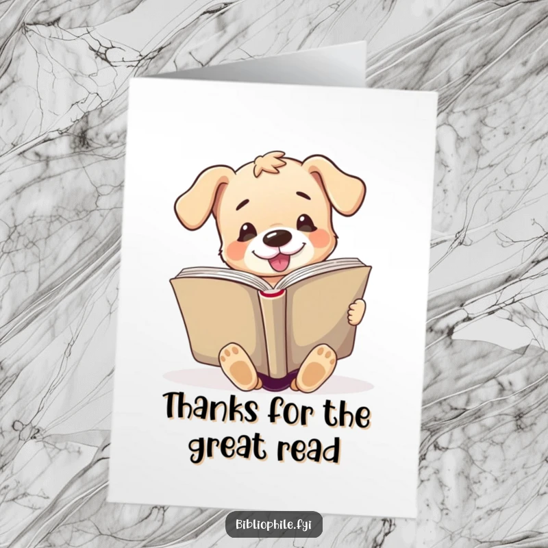 Funny Free Printable Thank You Card: A cute puppy passionately reads a giant book, symbolizing dedication and thanks.
