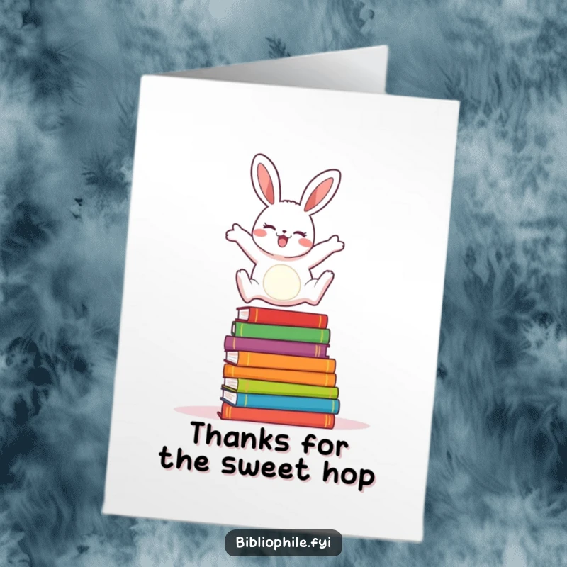 Funny Free Printable Thank You Card: A cheerful rabbit leaps over a stack of colorful storybooks with joy.
