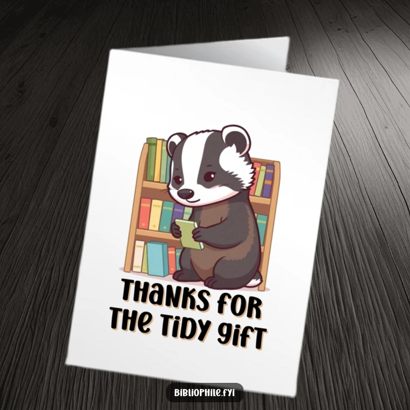 Funny Free Printable Thank You Card: A diligent badger meticulously organizes tiny novels on a shelf.