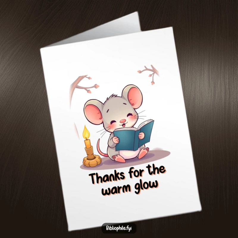 Free Printable Thank You Card: A happy mouse reads by candlelight, conveying quiet gratitude, a cozy DIY gift.