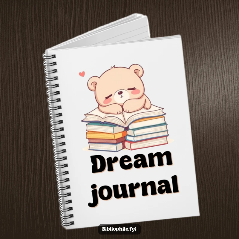 Funny bear napping on books on a notebook cover, encouraging relaxation and journaling with humor, a great funny gift.
