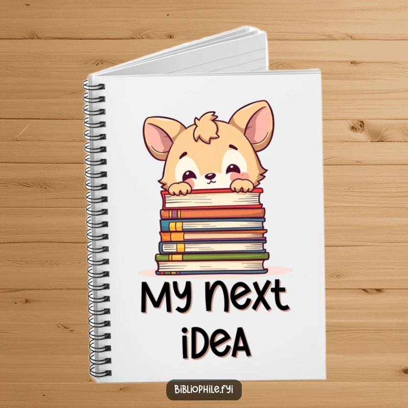 Funny notebook with a cute animal character curiously peeking over a large stack of books, ideal for notes.
