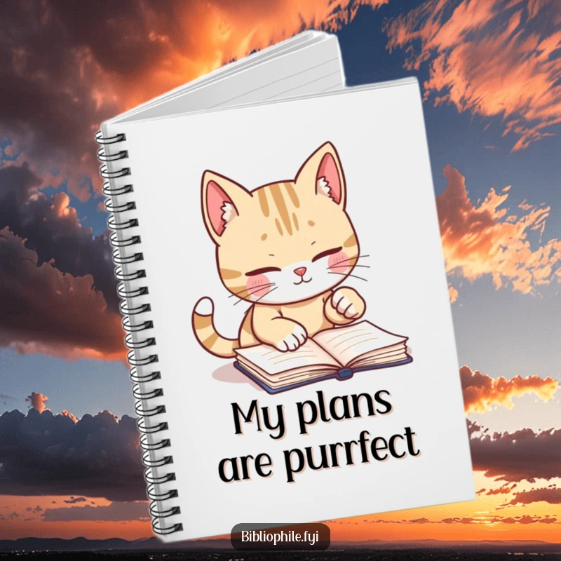 Funny notebook with a cute cat character diligently marking a book page with its playful paw, perfect for journaling.