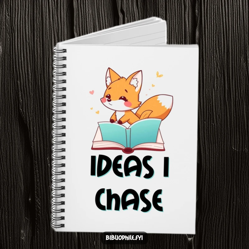 Funny Fox Notebook featuring a playful fox character chasing a fluttering bookmark through an open page, ideal for writing.