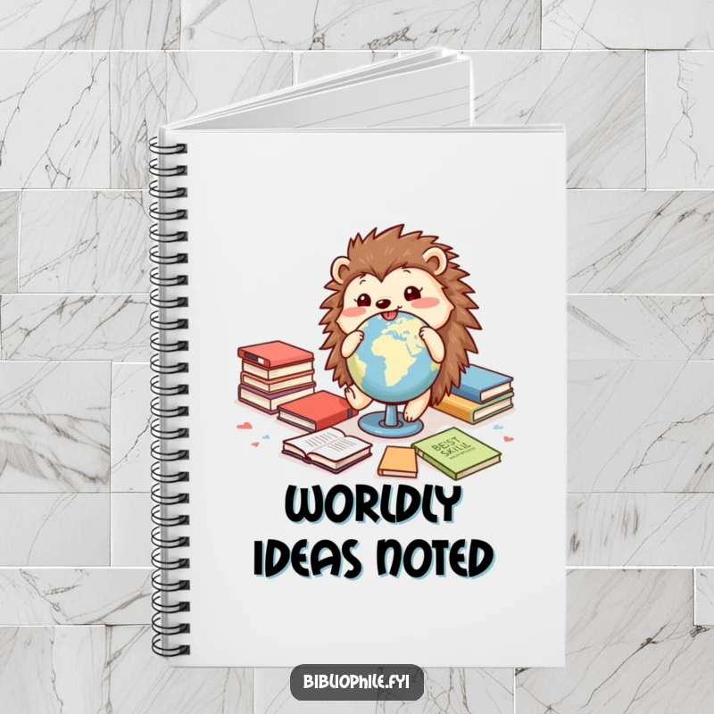 Funny notebook featuring a cheerful hedgehog rolling a globe among books, ideal for journaling adventures and creative ideas.