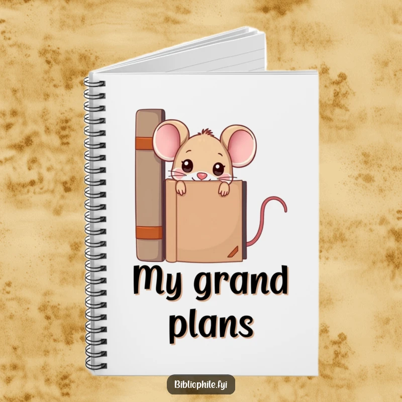 Funny kawaii mouse peeking from behind a large encyclopedia, featured on the cover of a cute and humorous notebook.