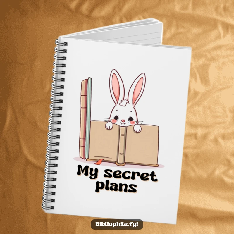 Funny notebook with a mischievous rabbit character hiding behind a giant book, perfect for journaling thoughts and playful secrets.