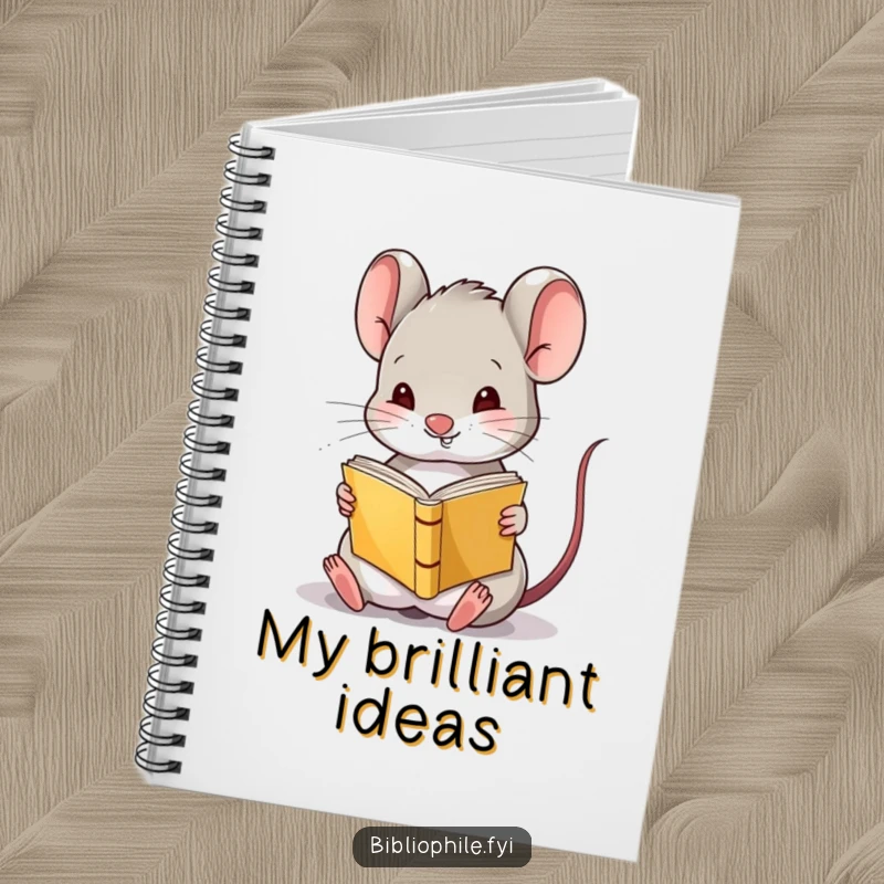Funny Mouse Notebook featuring a cute mouse character amusingly reading a tiny book upside down, ideal for jotting down notes with humor.