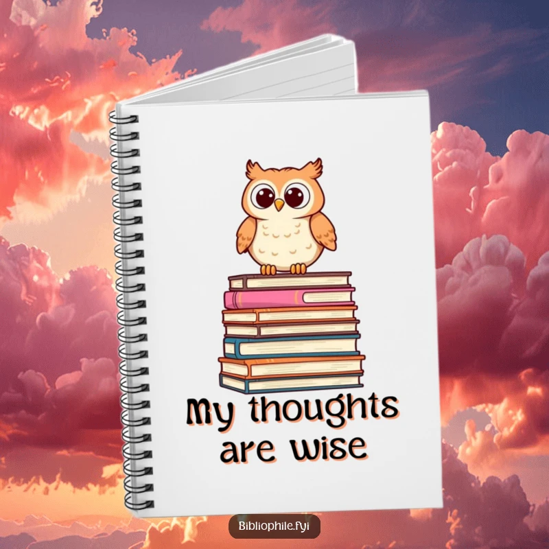 Funny Owl Notebook with a cute, stylized owl perched on a stack of oversized books, peering curiously, perfect for journaling.