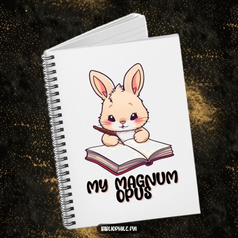 Funny rabbit with a quill, poised to write in a large book, on the cover of a lined notebook.