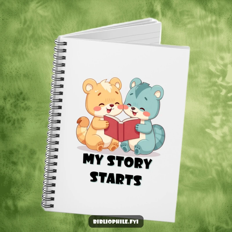Funny notebook cover illustrated with a cute animal character eagerly sharing a book, designed for writers and note-takers.