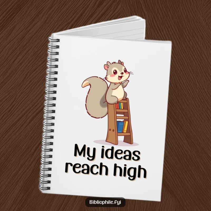 Funny squirrel climbing a bookshelf ladder on the cover of a notebook, perfect for energetic note-taking.