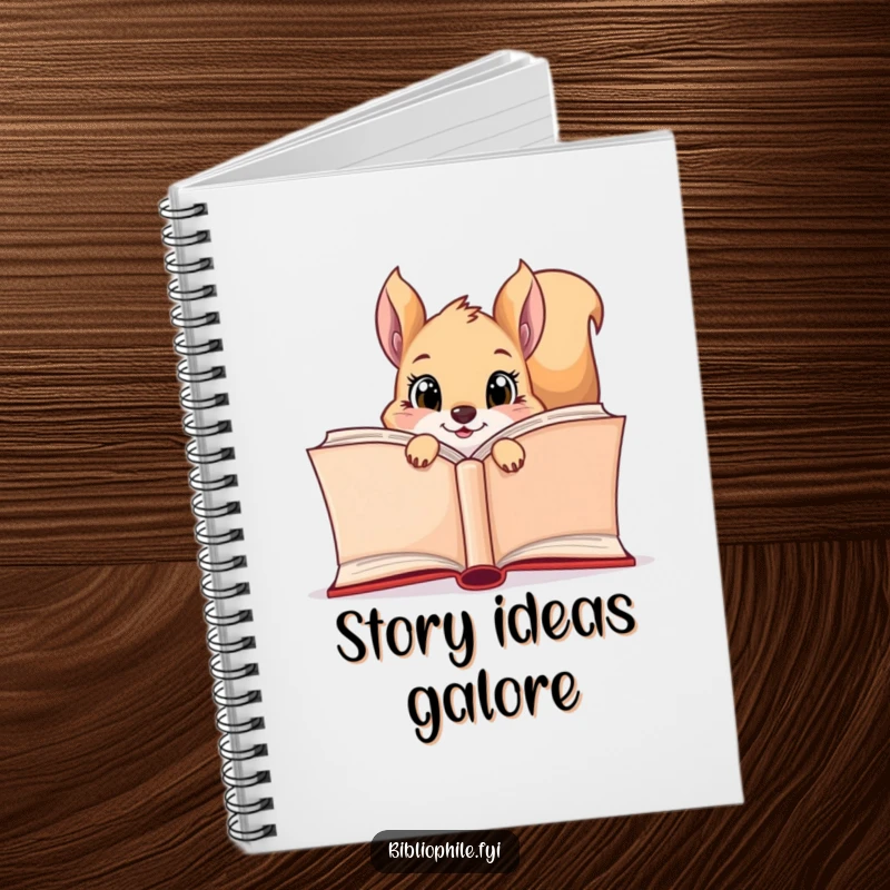 Funny squirrel with bright eyes peeking from behind a giant open book on a notebook cover.