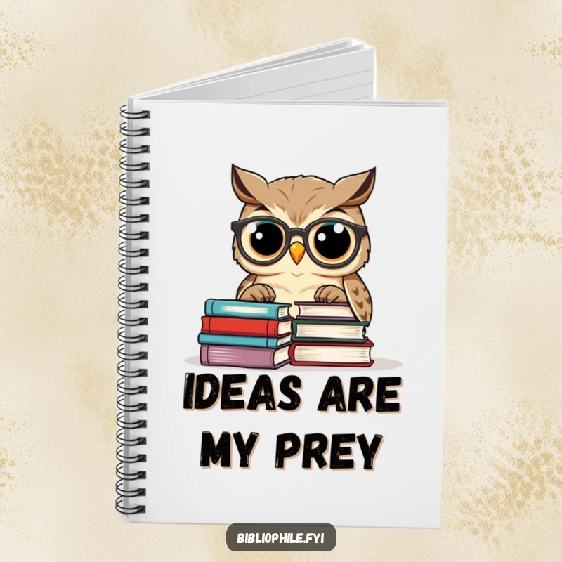 Funny owl with spectacles reading books, on the cover of a lined notebook, inspiring creativity.