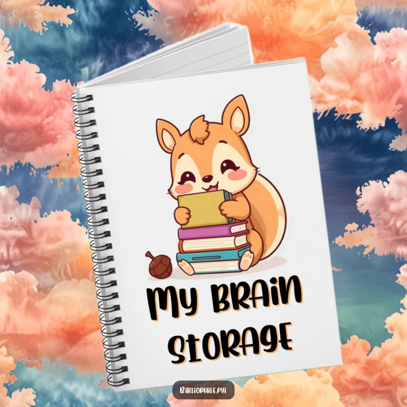 Funny kawaii squirrel hoarding books like acorns, featured on the cover of a cute and humorous notebook.