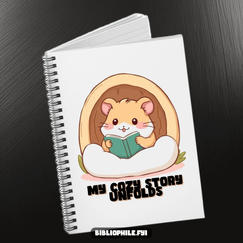 Funny hamster nestled in a reading nook on the cover of a notebook, perfect for jotting down ideas.