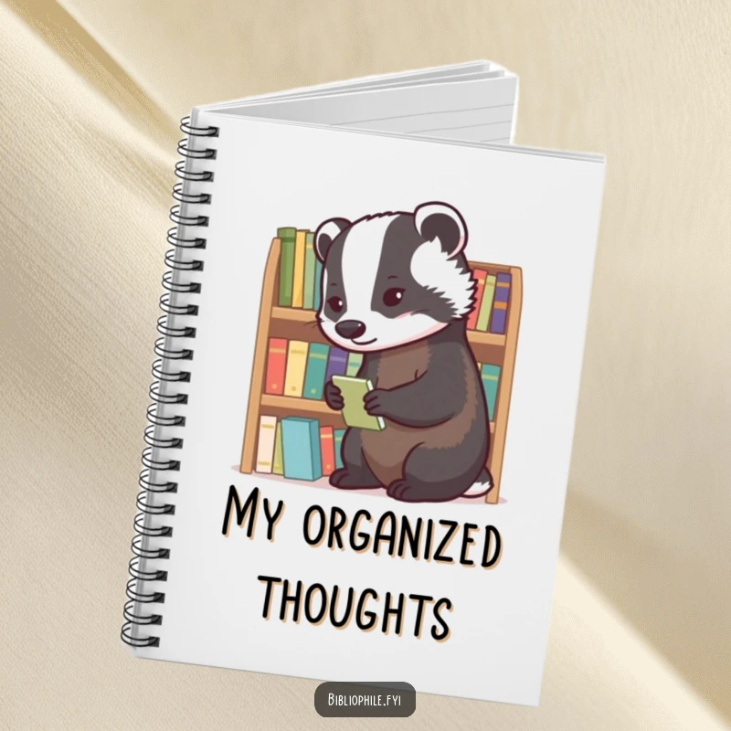 Diligent badger meticulously organizing tiny novels on a notebook cover.